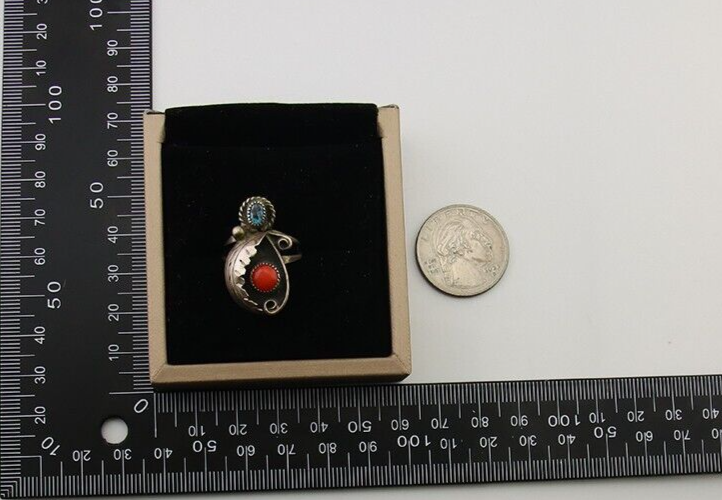 Navajo Handmade Ring 925 Silver Turquoise & Coral Native Artist C.80's