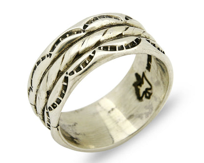 Navajo Ring .925 Silver Handmade Hand Stamped 3 Row Rope Band C.1980's