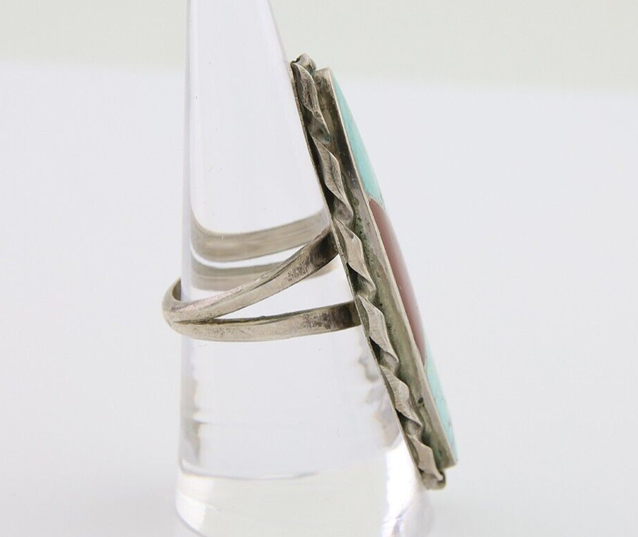 Navajo Ring 925 Silver Natural Turquoise Coral Signed Norman Lee Size 7.75