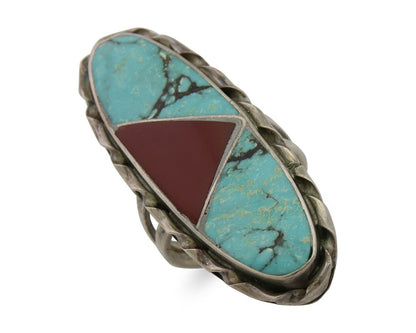Navajo Ring 925 Silver Natural Turquoise Coral Signed Norman Lee Size 7.75
