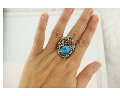 Navajo Ring 925 Sterling Natural Coral & Turquoise Native Artist C.80's Size 9.0