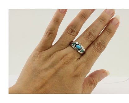 Navajo Ring 925 Silver Turquoise & Coral Natural American Artist C.80's