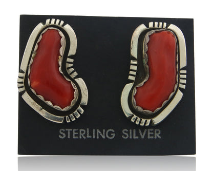 Navajo Earrings 925 Silver Natural Coral Artist Signed Charles Johnson C.80's