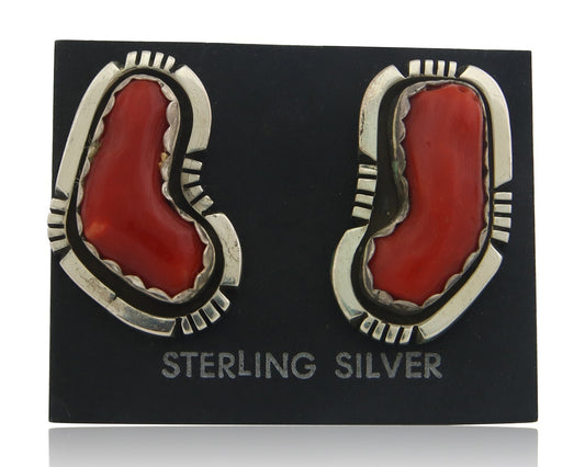 Navajo Earrings 925 Silver Natural Coral Artist Signed Charles Johnson C.80's