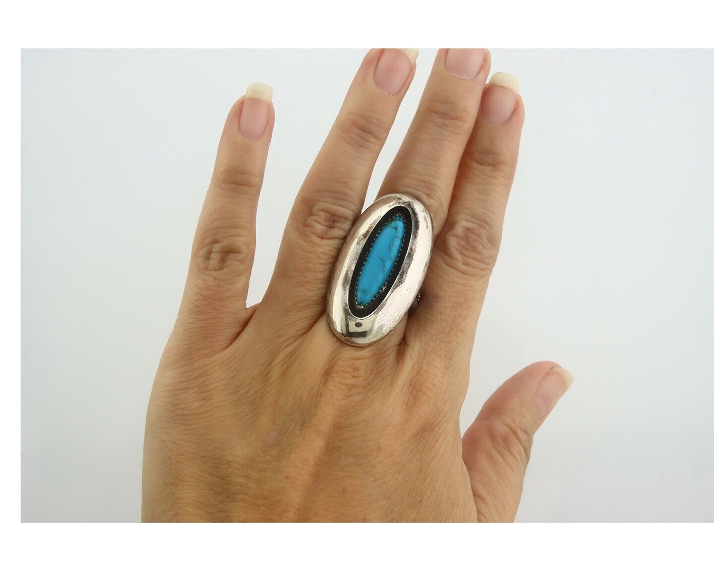 Navajo Ring 925 Sterling Turquoise Handmade Native Artist C.80's Size 8.0