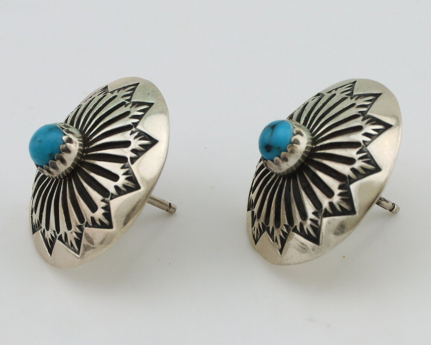 Navajo Hand Stamped Earrings 925 Silver Turquoise Native Artist C.80's