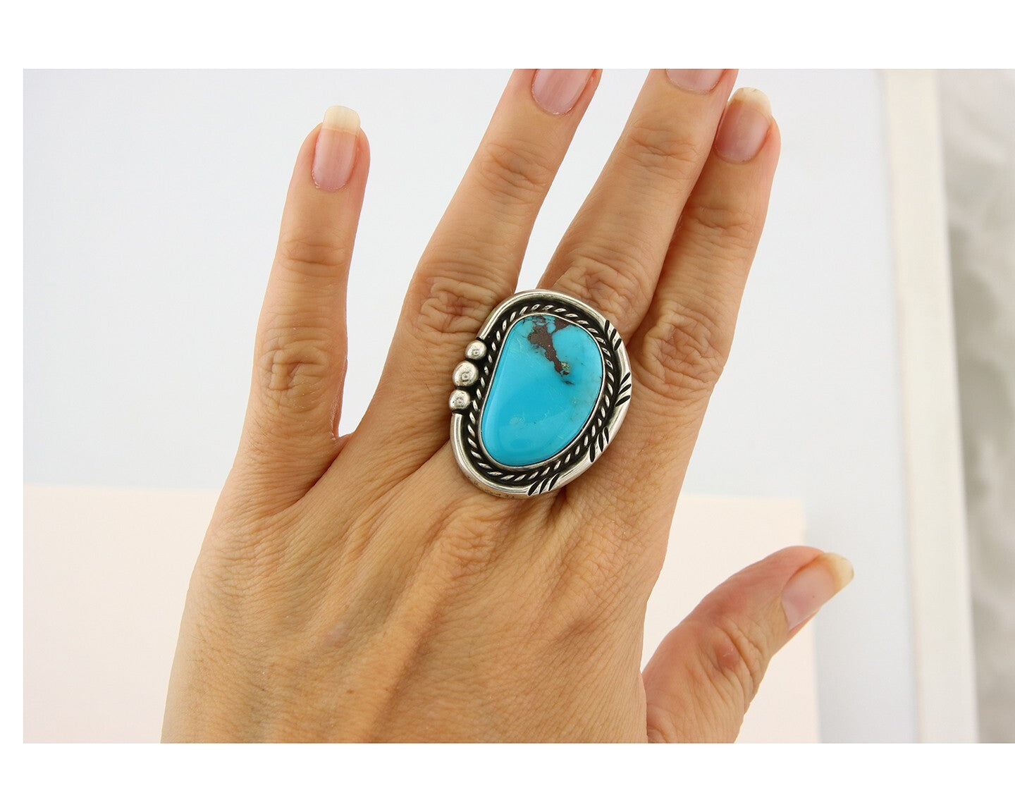 Navajo Ring 925 Sterling Natural Blue Turquoise Signed Ben S C.80's Size 8.0