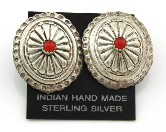 Navajo Concho Earrings Sterling Silver Red Coral Vintage Handmade