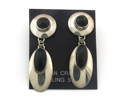 Navajo Earrings Sterling Silver Natural Onyx Dangle Vintage Handmade