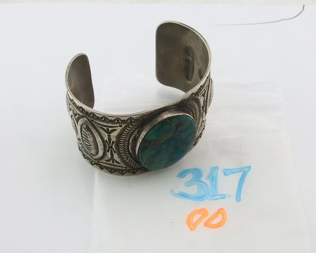 Large Navajo Cuff Bracelet Sterling Silver Turquoise Signed HS Vintage Handmade