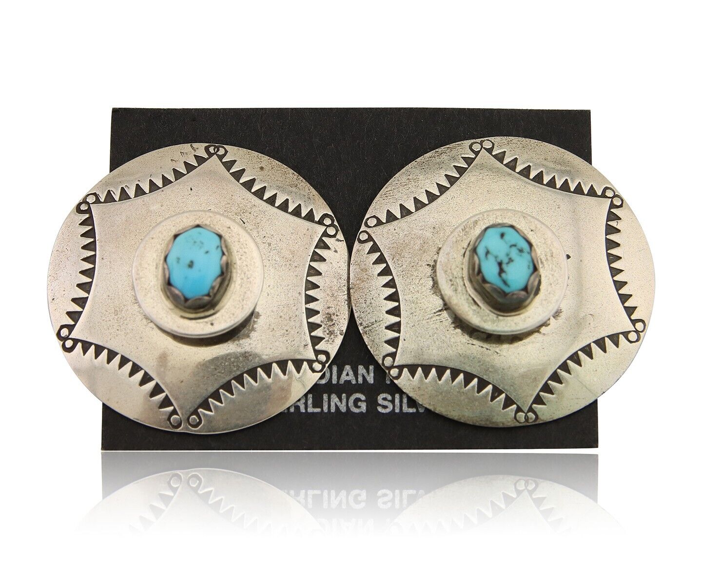 Navajo Hand Stamped Earrings 925 Silver Natural Turquoise Native Artist C.80's