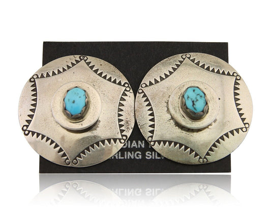 Navajo Hand Stamped Earrings 925 Silver Natural Turquoise Native Artist C.80's