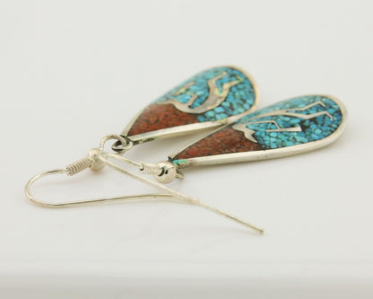 Navajo Kokopelli Earrings 999 Nickel Chip Inlay Turquoise Coral Native American