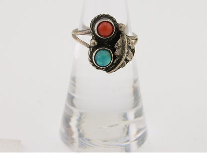 Navajo Handmade Ring 925 Silver Coral & Turquoise Native Artist C.80's