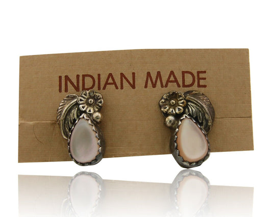 Navajo Earrings 925 Silver Handmade Natural Pink Mussel Native American Artist