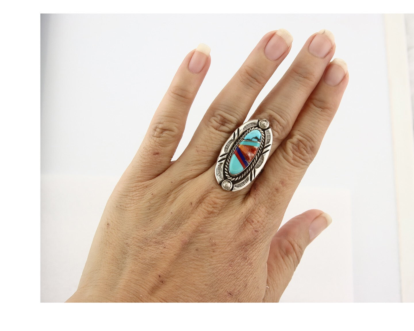 Vintage Zuni Ring 925 Sterling Silver Gemstone Signed V&N Edsitty Size 7.5