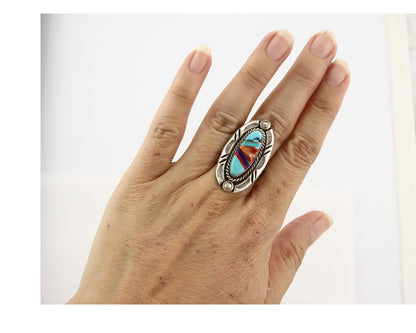 Vintage Zuni Ring 925 Sterling Silver Gemstone Signed V&N Edsitty Size 7.5