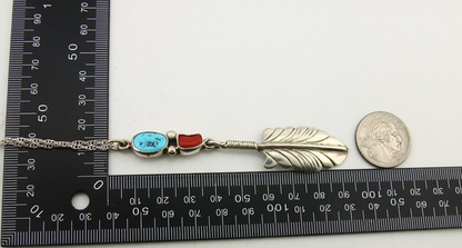Navajo Feather Necklace 925 Silver Turquoise & Coral Signed M Montoya C.80's