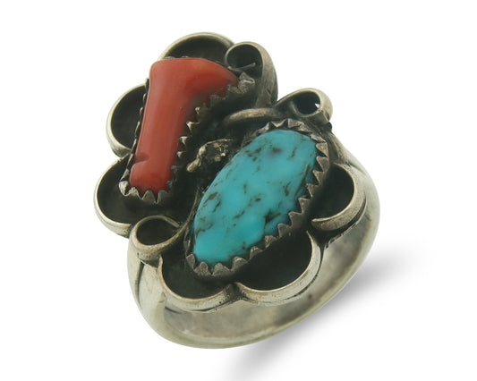 Vintage Navajo Ring 925 Sterling Natural Coral & Turquoise Native Artist Sz 5.75