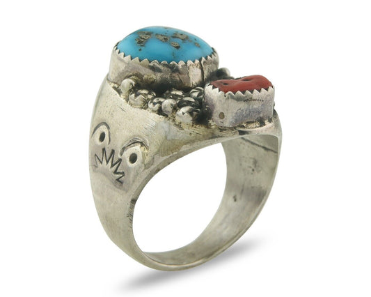 Men Heavy Navajo Ring 925 Sterling Natural Coral & Turquoise C.80's Size 11