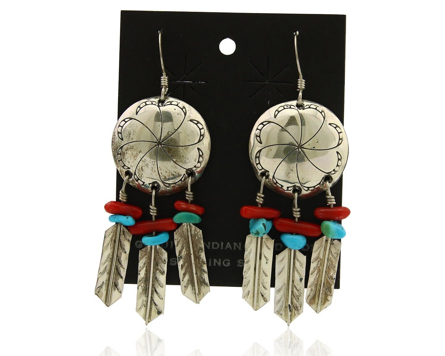 Navajo Earrings 925 Silver Turquoise & Coral Native American Artist C.80's