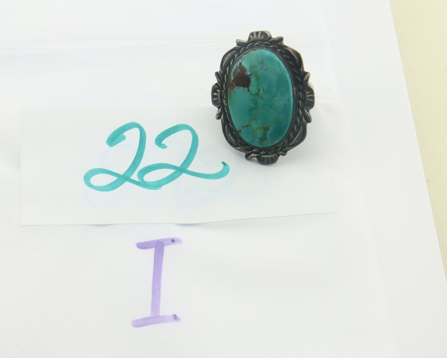 Navajo Ring 925 Sterling Turquoise Handmade Signed TALHAT C.80's Size 8.0