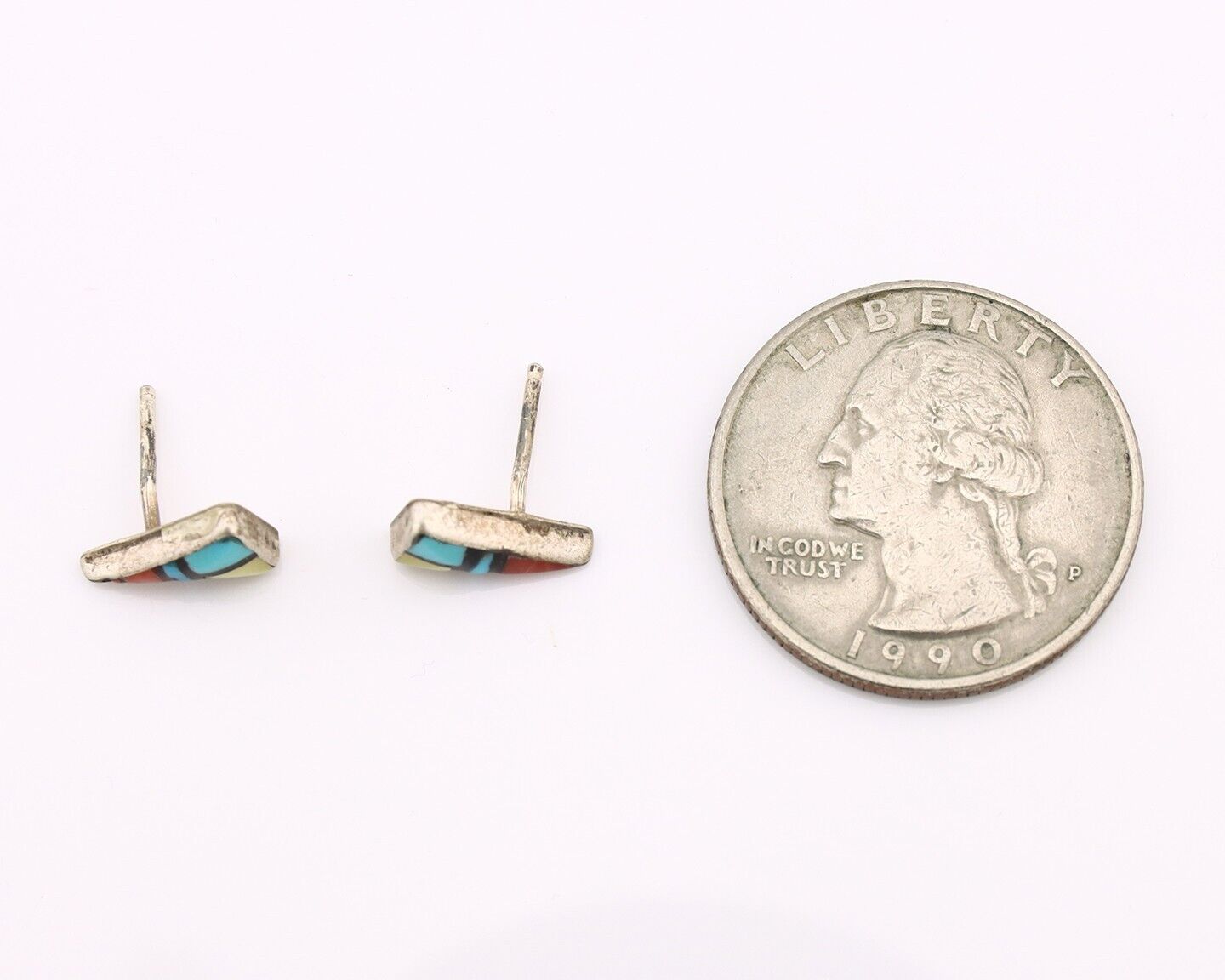 Zuni Earrings 925 Silver Natural Gemstones & Turquoise Native Artist C.80's