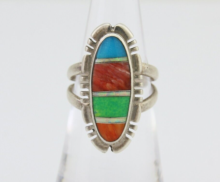 Navajo Ring 925 Silver Natural Gemstone Artist Signed Feather C.80's Size 5.75