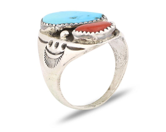 Navajo Ring 925 Silver Sleeping Beauty Turquoise & Coral Native Artist C.80s