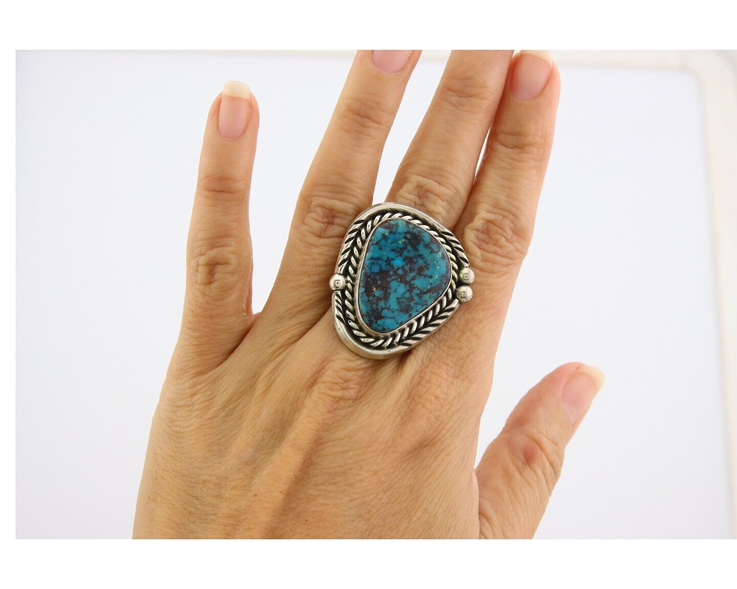 Navajo Ring 925 Sterling Natural Blue Turquoise Signed Ben S C.80's Size 7.0