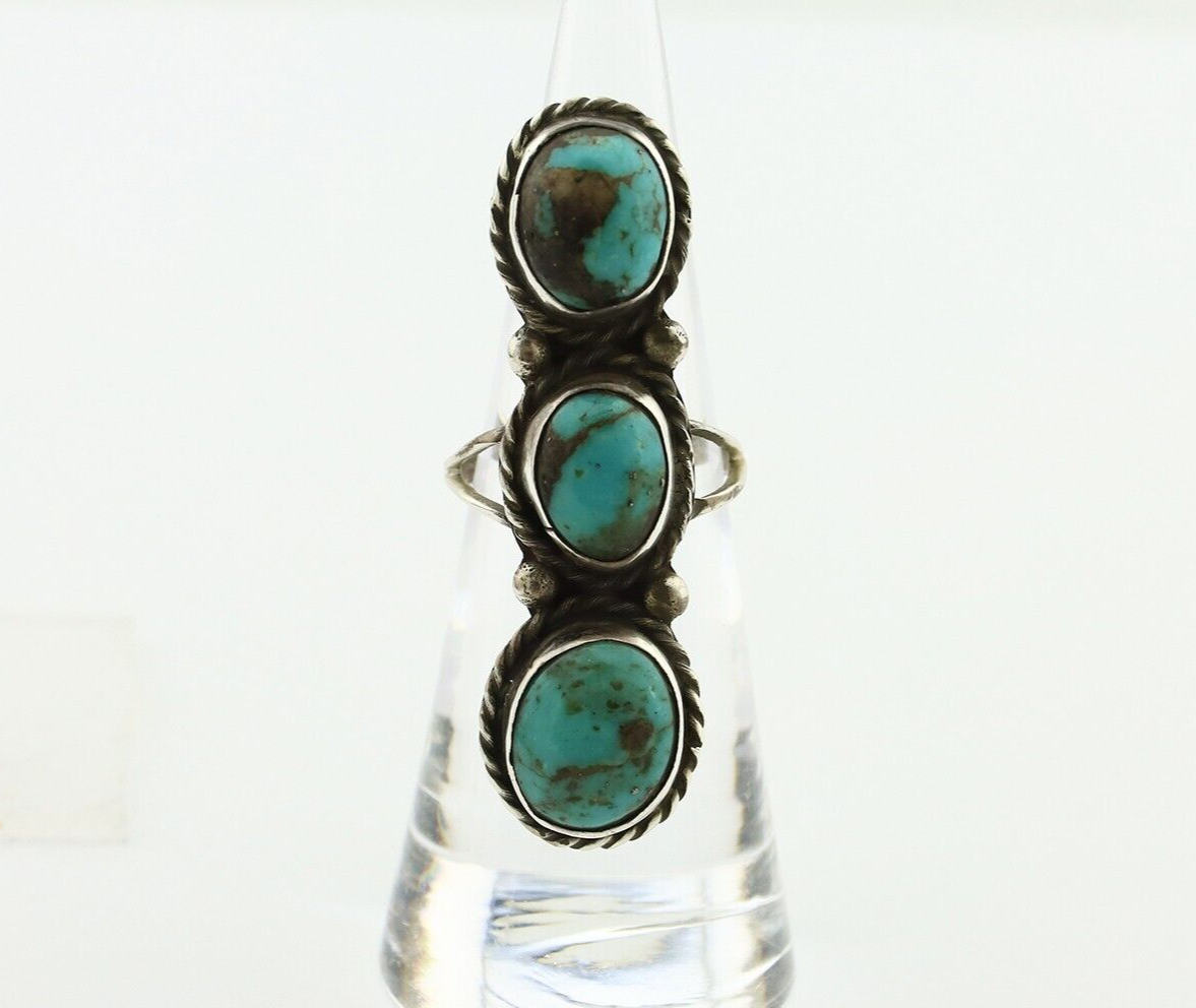 Navajo 3 Stone Ring 925 Silver Natural Kingman Turquoise Native Artist C.80's