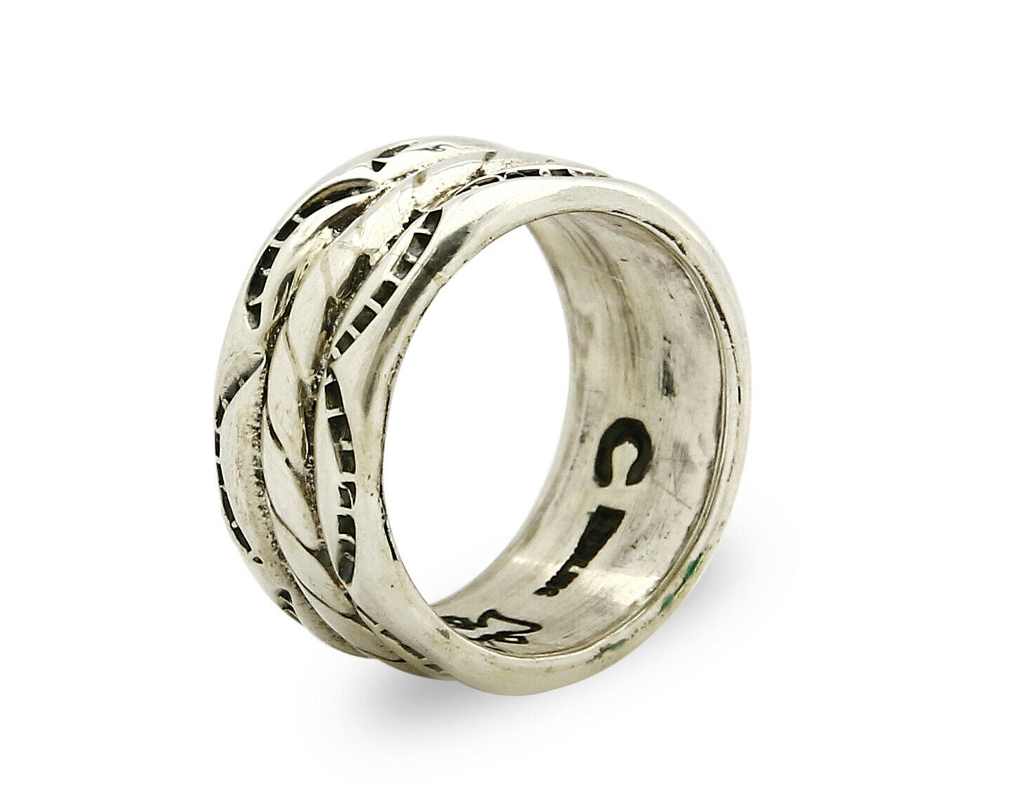 Navajo Ring .925 Silver Handmade Hand Stamped 3 Row Rope Band C.1980's Size 5.25