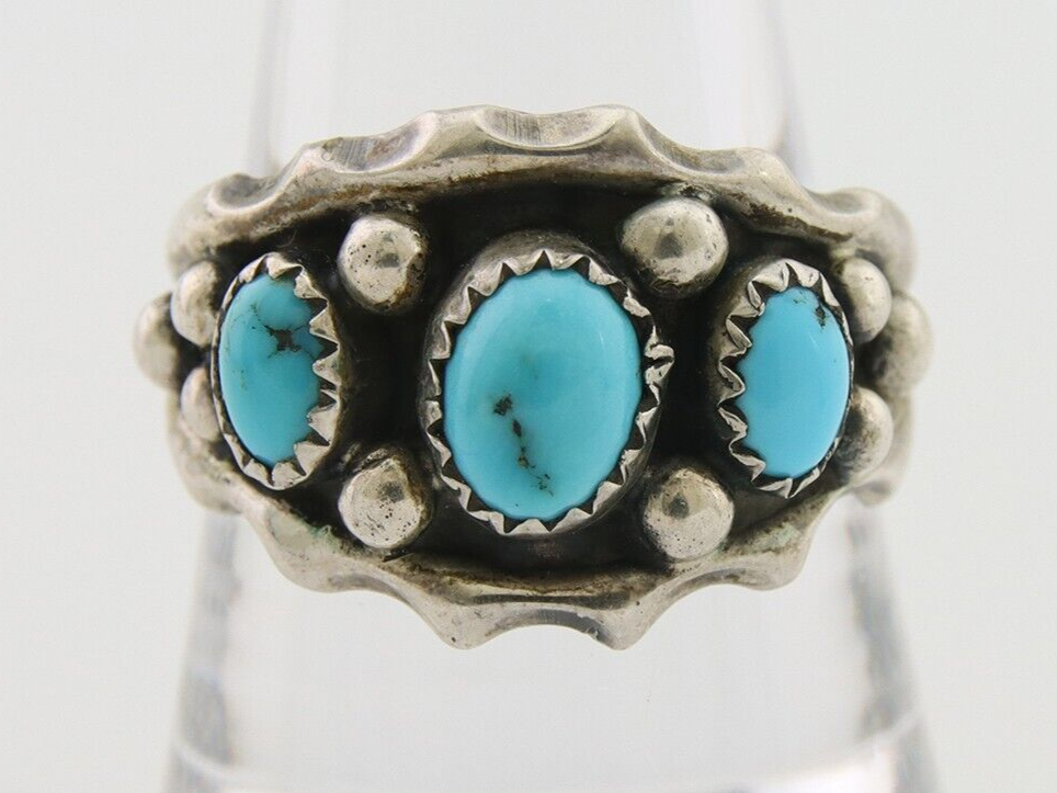 Navajo Ring 925 Silver Natural Blue Turquoise Native Artist Signed SC C.80's