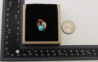 Navajo Ring 925 Silver Turquoise & Coral Artist Signed WR C.80's