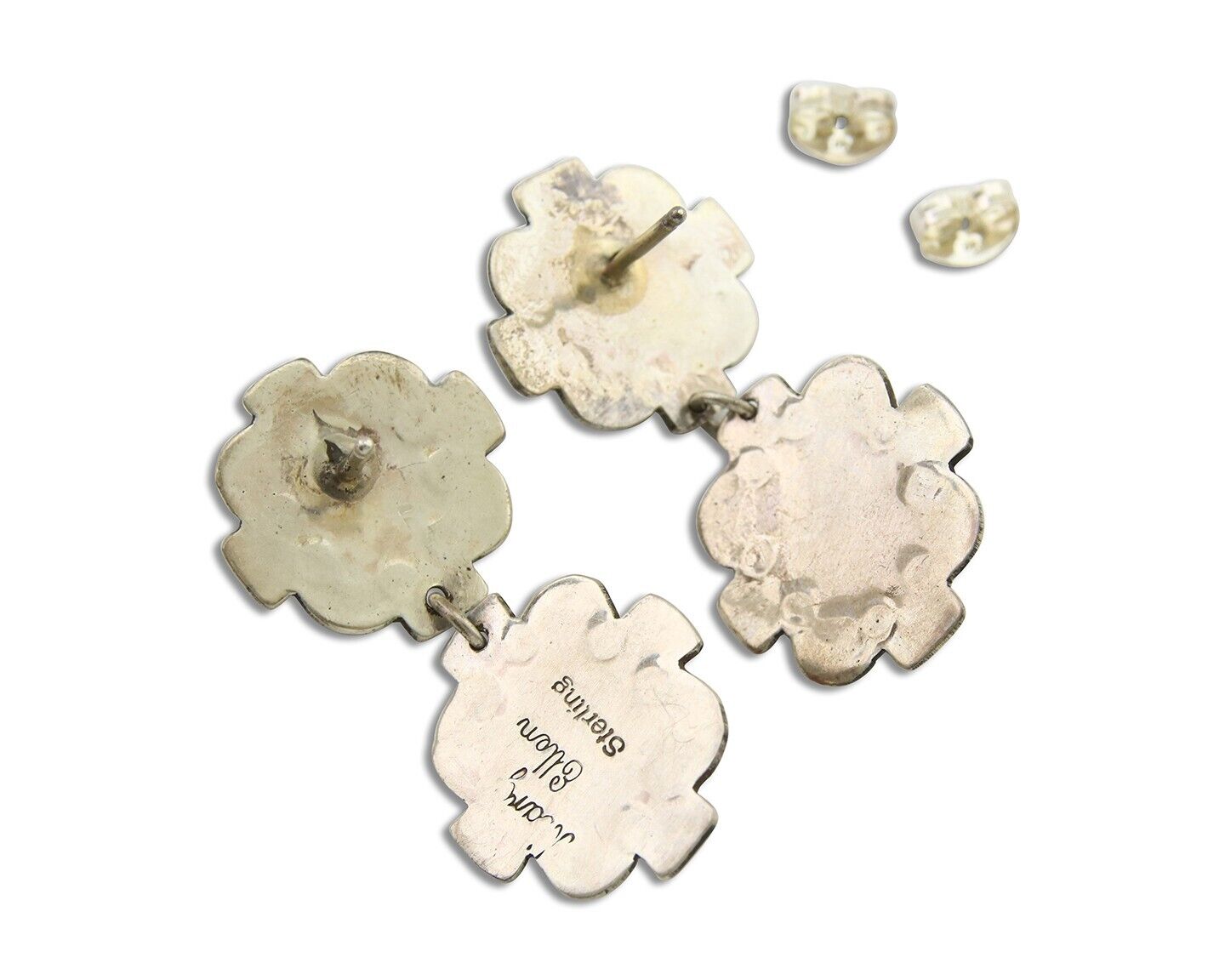 Navajo Earrings 925 Silver Turquoise & Coral Artist Signed Mary Ellen C.80's