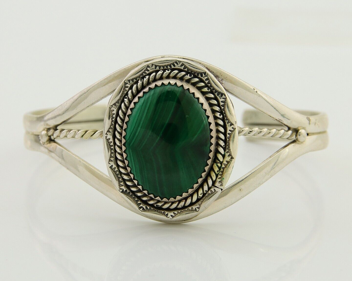 Navajo Cuff Bracelet Natural Malachite 925 Silver Native American Artist C.80s