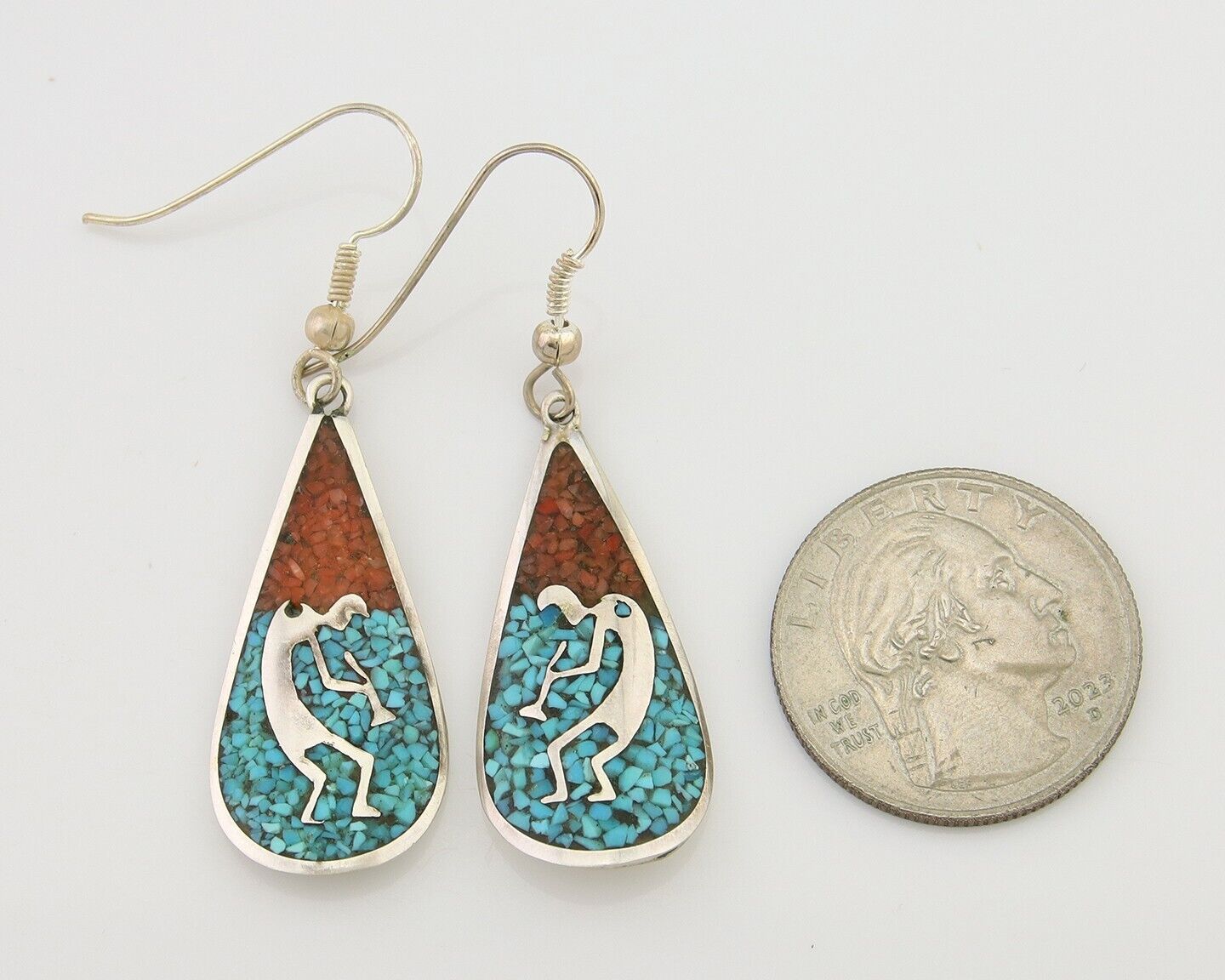 Navajo Kokopelli Earrings 999 Nickel Chip Inlay Turquoise Coral Native American