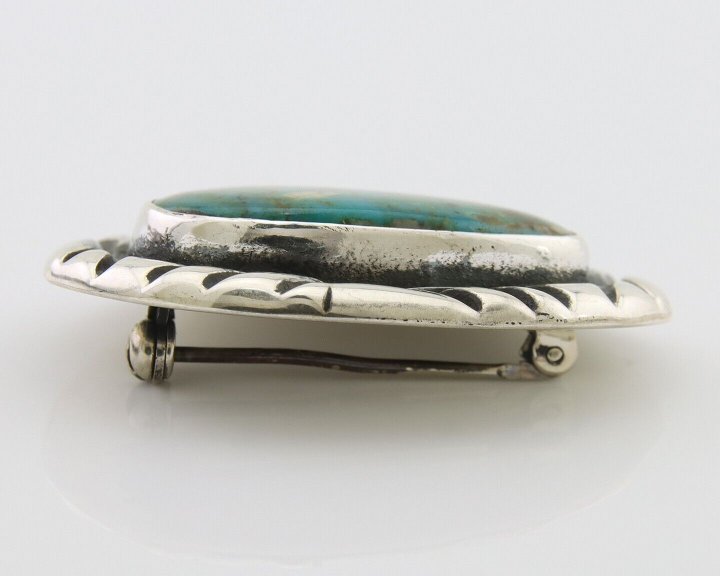 Navajo Pin 925 Silver Natural Mined Turquoise Artist Signed C Montoya C.80's