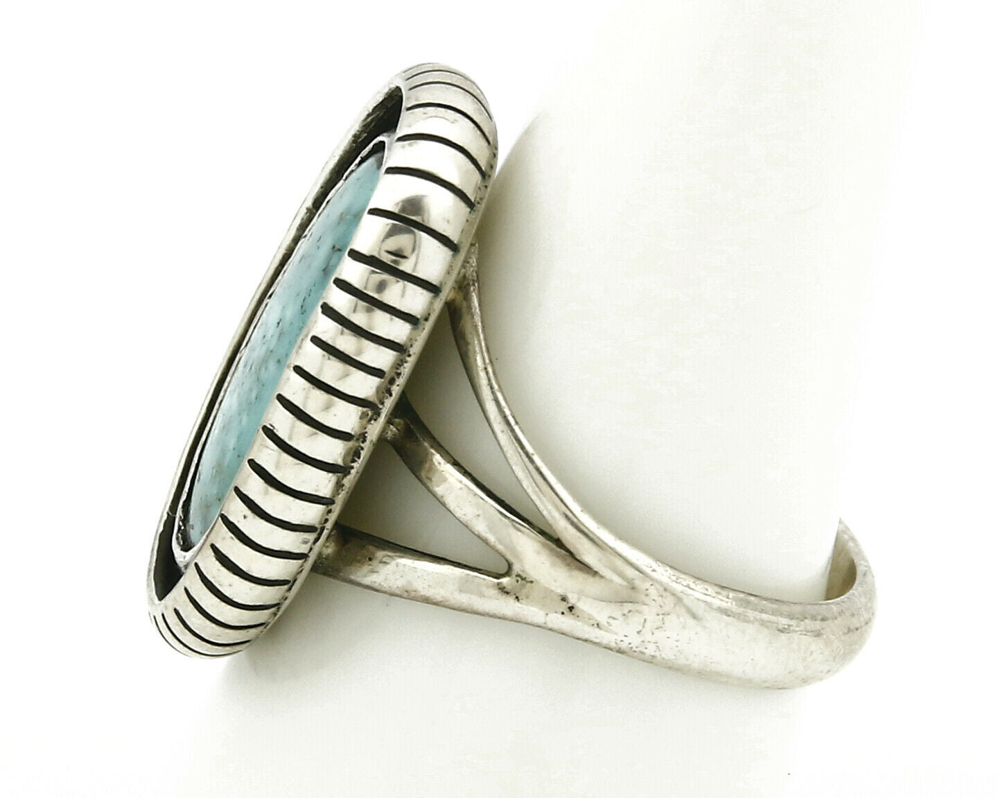 Navajo Ring .925 SOLID Silver Kingman Turquoise Artist Signed Montoya C.1980's