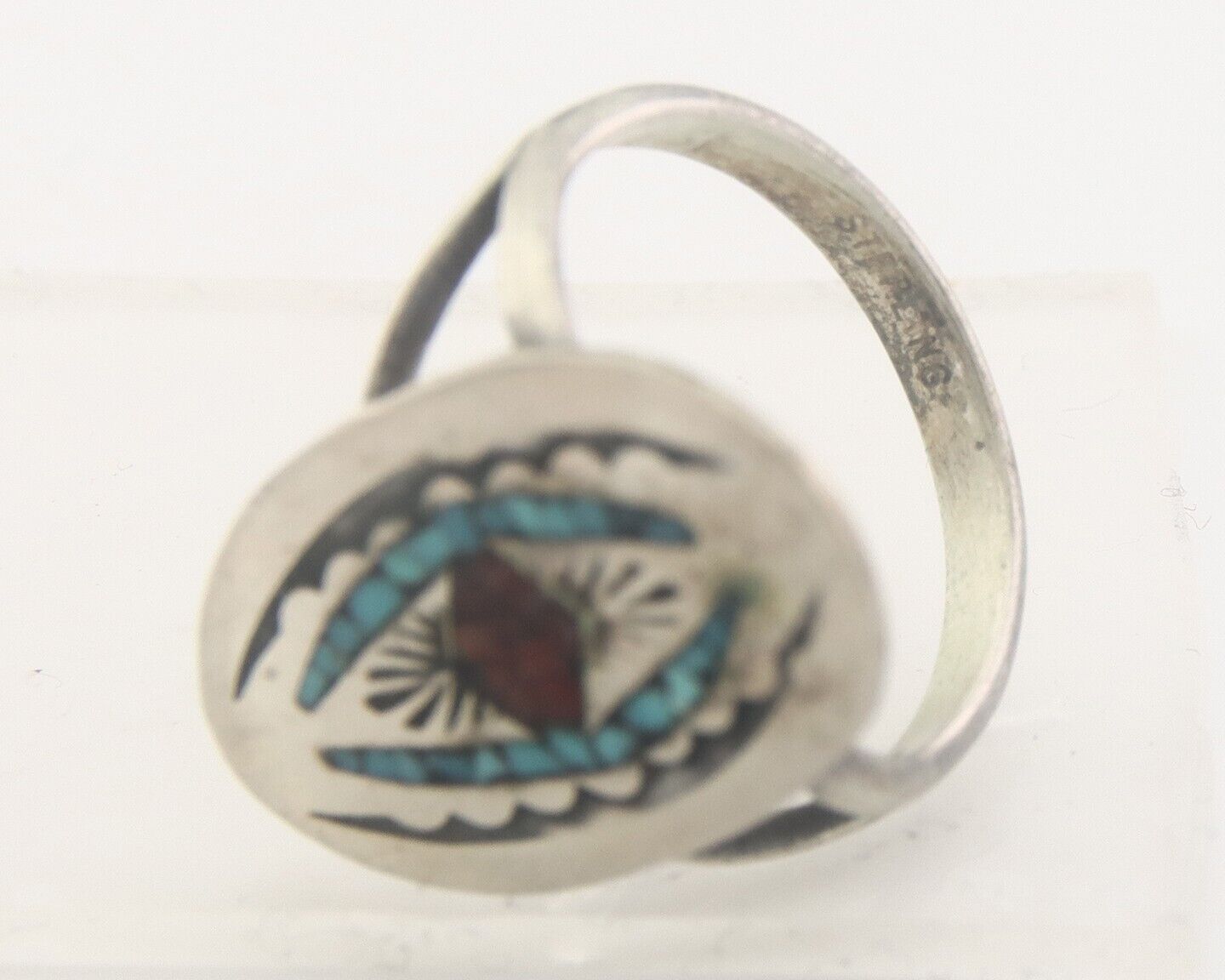 Navajo Ring 925 Sterling Natural Chip Inlay Coral & Turquoise C.80's Size 6.0