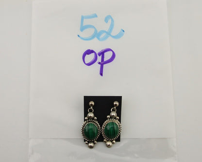 Navajo Dangle Earrings 925 Silver Malachite Native American Artist C.80's