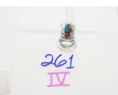 Navajo Ring 925 Sterling Natural Coral & Turquoise Signed BB C.80's Size 6.0