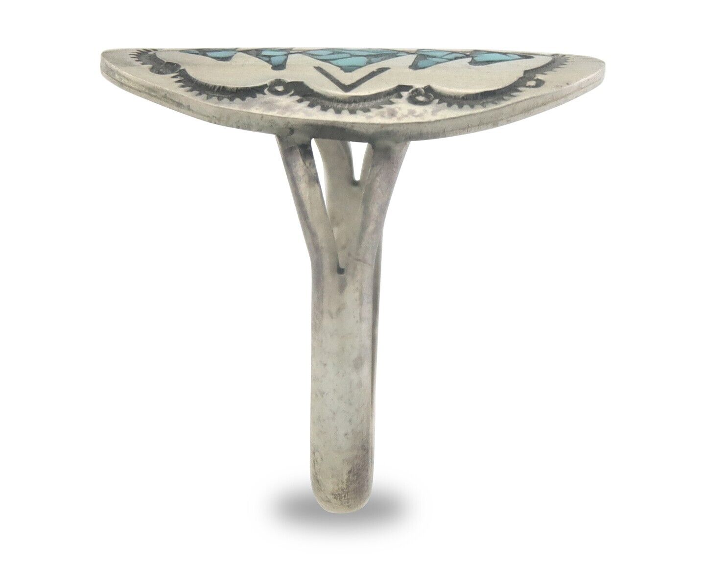 Navajo Ring 925 Sterling Natural Chip Inlay Coral & Turquoise C.80's Size 7.5