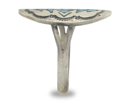 Navajo Ring 925 Sterling Natural Chip Inlay Coral & Turquoise C.80's Size 7.5