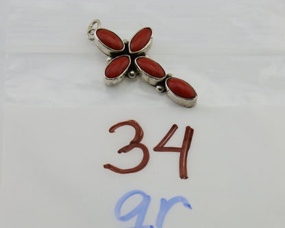 Navajo Cross Pendant 925 Silver Mediterranean Coral Signed J Tso C.80s