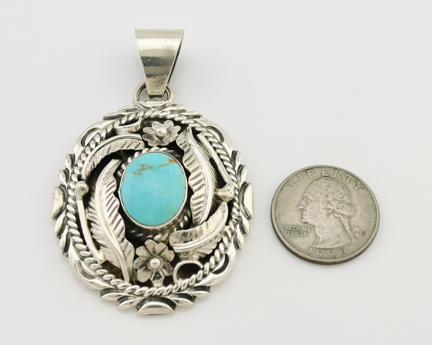 Navajo Pendant 925 Silver Kingman Turquoise Native American Artist C.80s