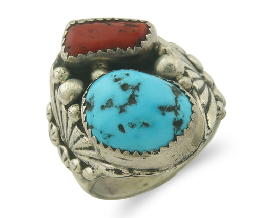 Men Vintage Navajo Ring 925 Sterling Turquoise & Coral Native Artist Size 9.0