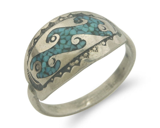 Navajo Ring 925 Silver Inlaid Turquoise Native American Artist C.80's Size 6.75