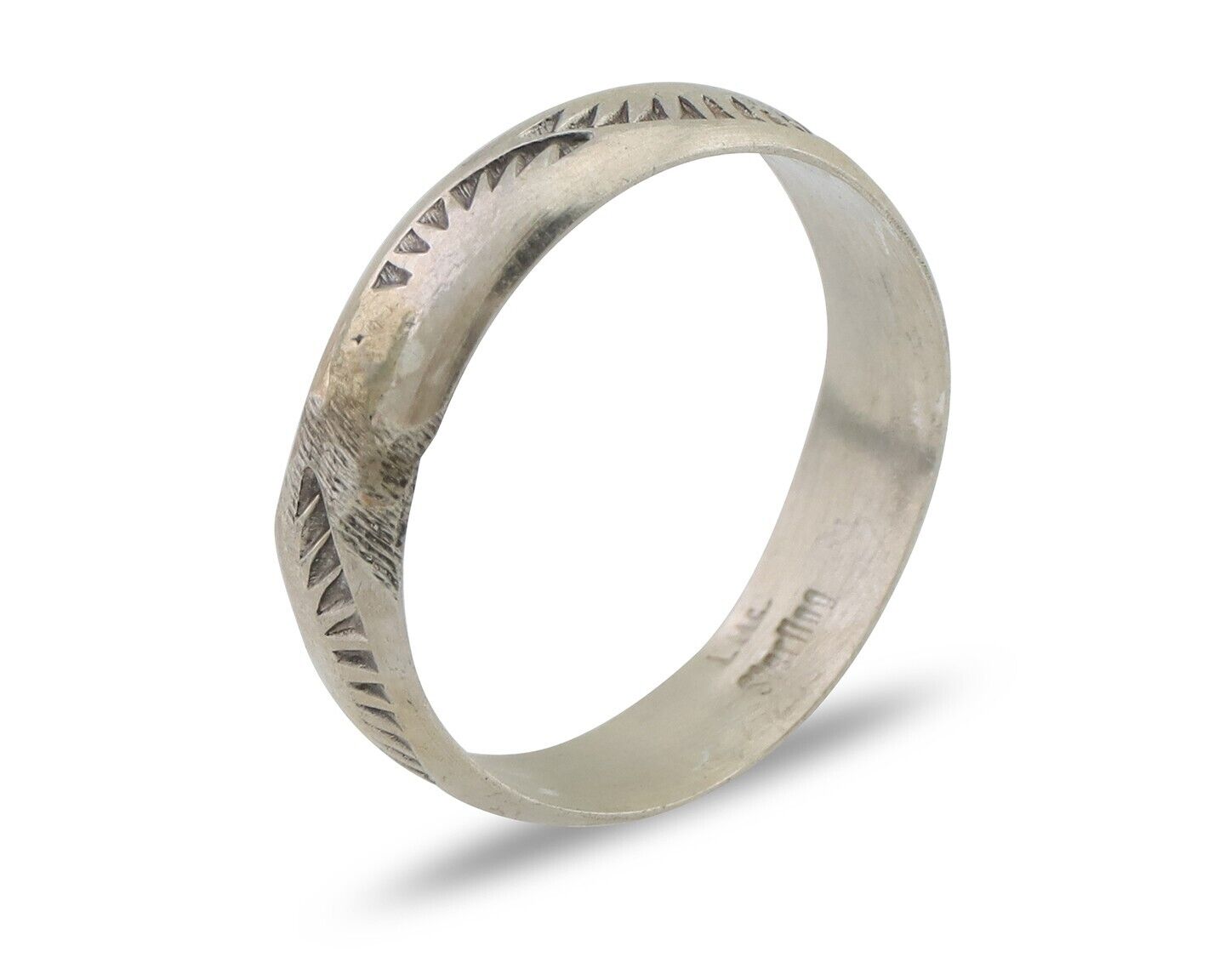 Navajo Hand Stamped Band 925 Silver 5.0 mm Signed Larry Chavez Size 6.5 C.80's