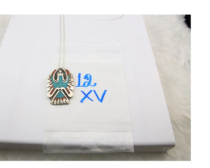 Navajo Phoenix Necklace Sterling Silver Turquoise & Coral Signed RP